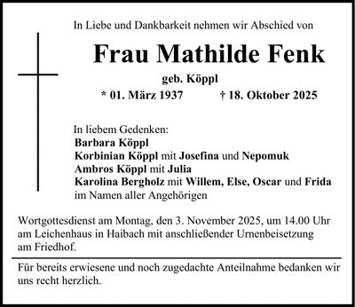 Traueranzeige Mathilde Fenk