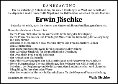 Traueranzeige Erwin Jäschke