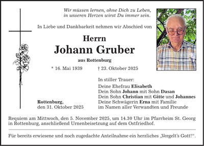Traueranzeige Johann Gruber