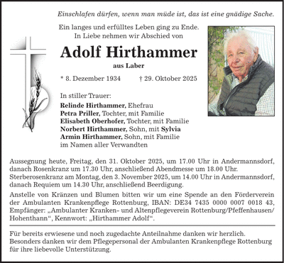 Traueranzeige Adolf Hirthammer