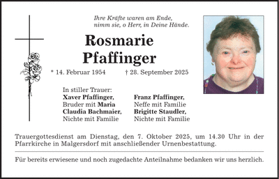 Traueranzeige Rosmarie Pfaffinger