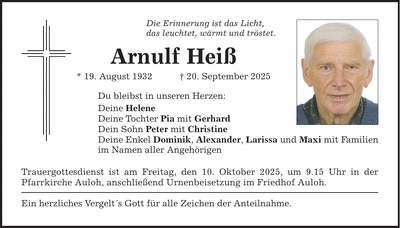 Traueranzeige Arnulf Heiß