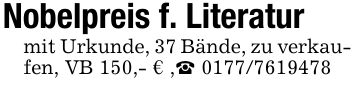 Nobelpreis f. Literaturmit Urkunde, 37 Bände, zu verkaufen, VB 150,- € ,_ 0177/7619478