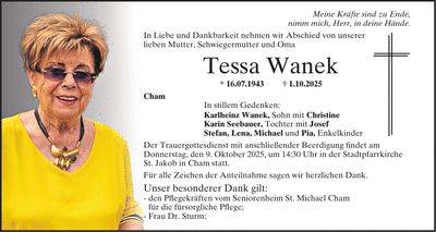 Traueranzeige Tessa Wanek
