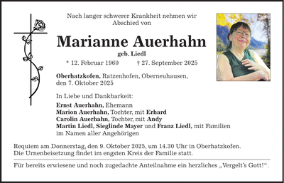 Traueranzeige Marianne Auerhahn
