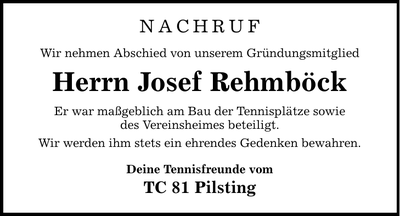 Traueranzeige Josef Rehnböck