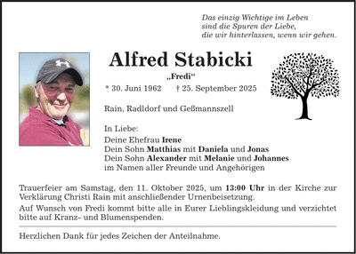 Traueranzeige Alfred Stabicki