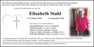 Traueranzeige Stahl Elisabeth