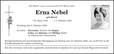 Traueranzeige Erna Nebel