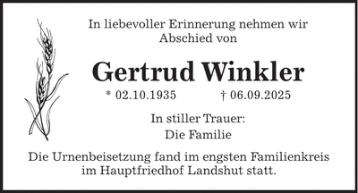 Traueranzeige Gertrud Winkler