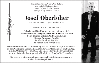 Traueranzeige Josef Oberloher