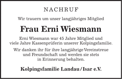 Traueranzeige Erni Wiesmann