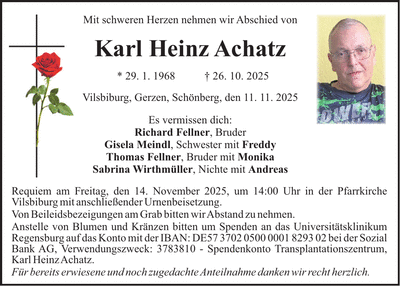 Traueranzeige Karl Heinz Achatz