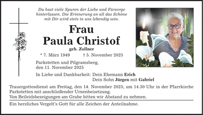 Traueranzeige Paula Christof