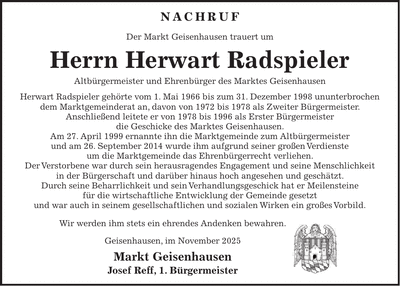 Traueranzeige Radspieler Herwart