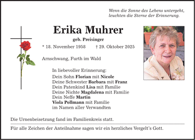Traueranzeige Erika Muhrer