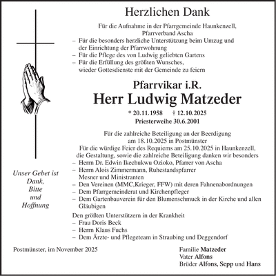 Traueranzeige Ludwig Matzeder