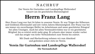 Traueranzeige  Franz  Lang