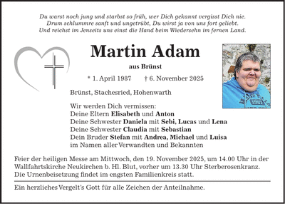 Traueranzeige Martin Adam