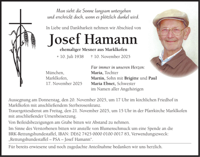 Traueranzeige Josef Hamann