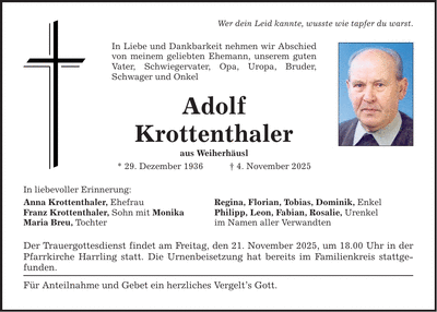 Traueranzeige Adolf Krottenthaler
