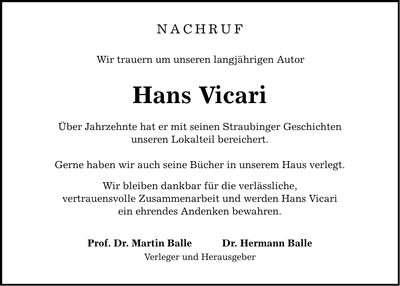Traueranzeige Hans Vicari