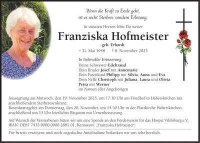 Traueranzeige Franziska Hofmeister