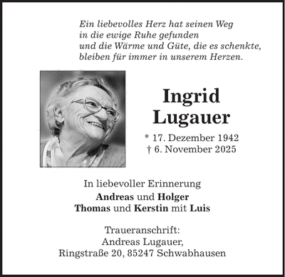 Traueranzeige Ingrid Lugauer