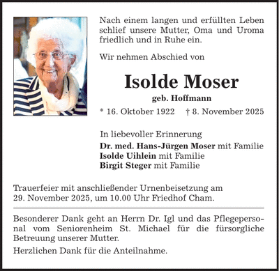 Traueranzeige Isolde Moser