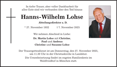 Traueranzeige Hanns-Wilhelm Lohse