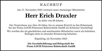 Traueranzeige Erich Draxler