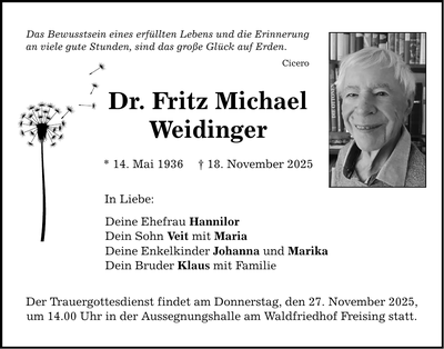 Traueranzeige Fritz Michael Dr. Weidinger