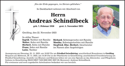 Traueranzeige Andreas Schindlbeck