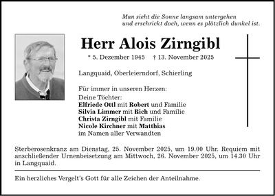 Traueranzeige Alois Zirngibl