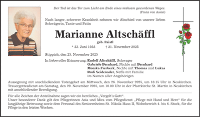 Traueranzeige Marianne Altschäffl