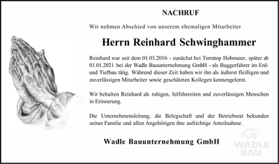 Traueranzeige Reinhard Schwinghammer