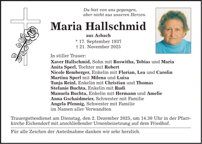 Traueranzeige Maria Hallschmid