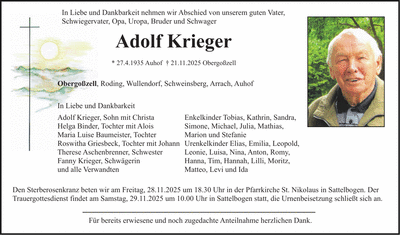 Traueranzeige Adolf Krieger