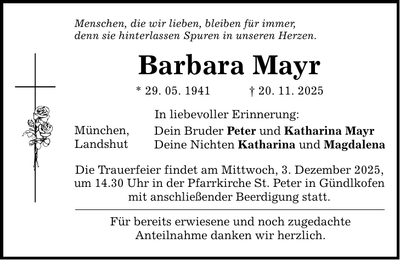 Traueranzeige Barbara Mayr