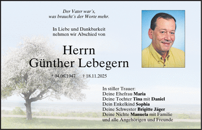 Traueranzeige Günther Lebegern