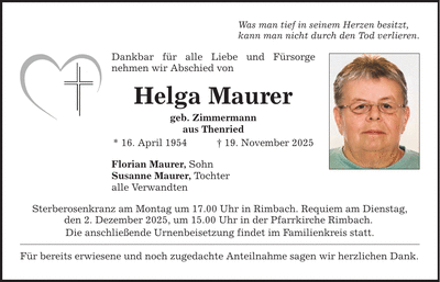 Traueranzeige Helga Maurer