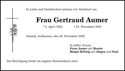 Traueranzeige Gertraud Aumer