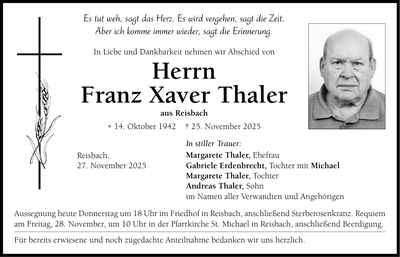 Traueranzeige Franz Xaver Thaler