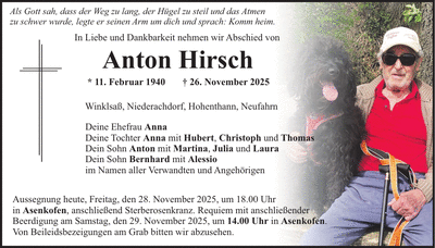 Traueranzeige Anton Hirsch
