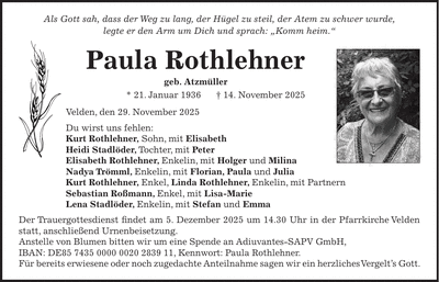 Traueranzeige Paula Rothlehner