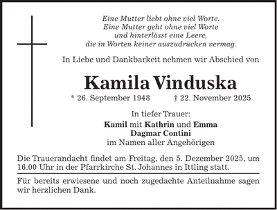Traueranzeige Kamila Vinduska