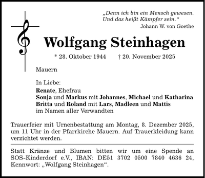 Traueranzeige Wolfgang Steinhagen