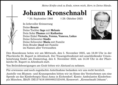 Traueranzeige Johann Kronschnabl