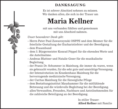 Traueranzeige Maria Kellner