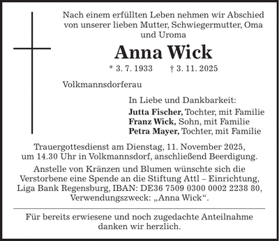 Traueranzeige Anna Wick